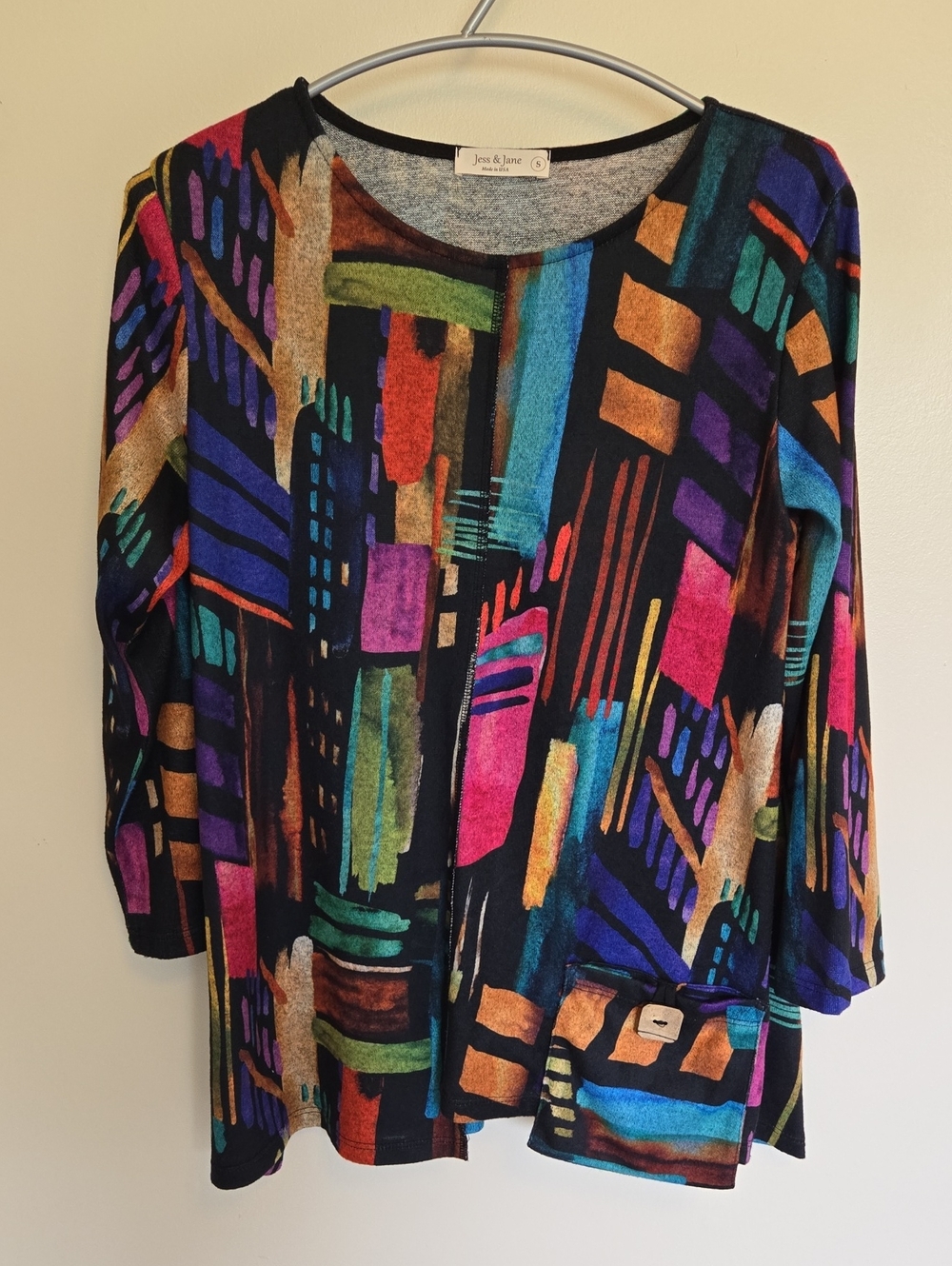 Jess & Jane Times Square Tunic Top Asymmetrical Sz S Abstract Artsy Cityscape